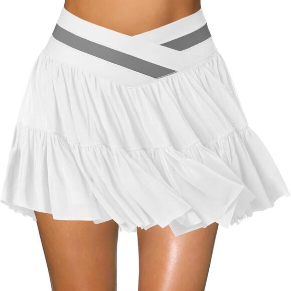 White Women's Mini Pleated Flowy Ruffle Tennis Skirt with Shorts Pockets - Picture 1 of 6